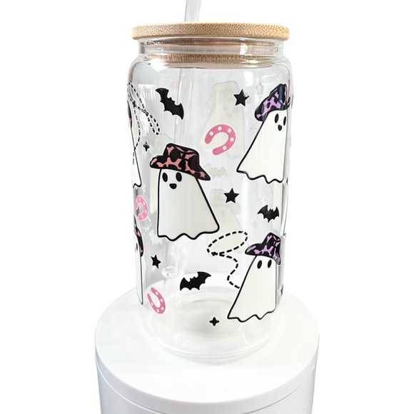 Halloween Cowboy Ghost Handmade Glass Can Cup with Bamboo Lid and Straw - Picture 4 of 6